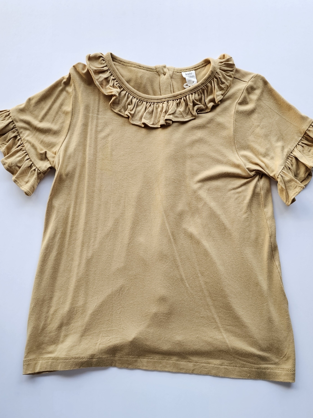 Kate Quinn Mustard Yellow Gold Bamboo Short Sleeve Ruffle Collar Tshirt Top